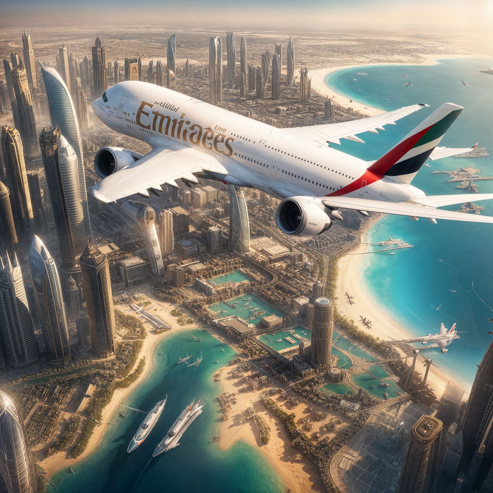 Emirates Plane Over Abu Dhabi: Detailed Matte Painting