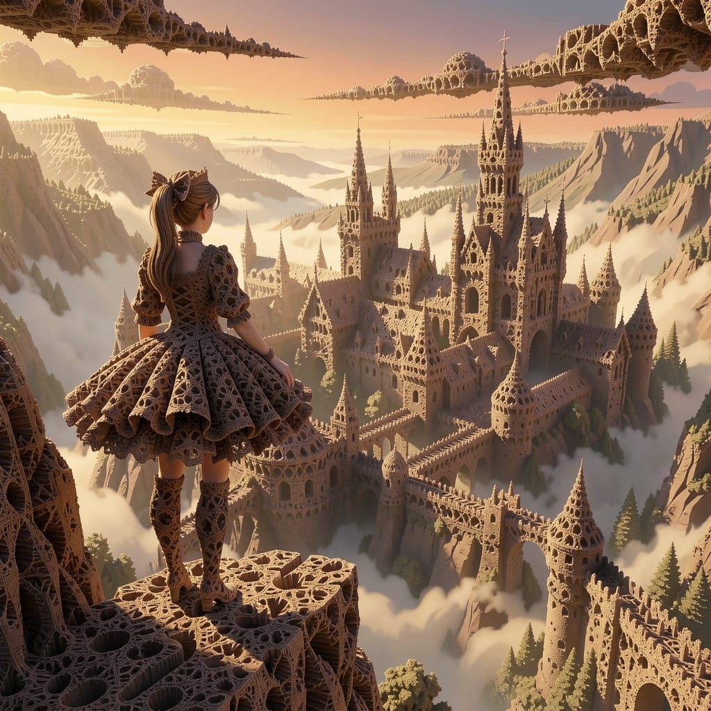 Gothic Cardinal on Cliff Overlooking Misty Ancient City