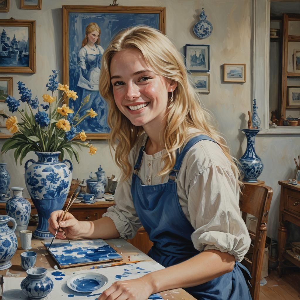 Girl Painting Delft Vase: Oil Painting Style