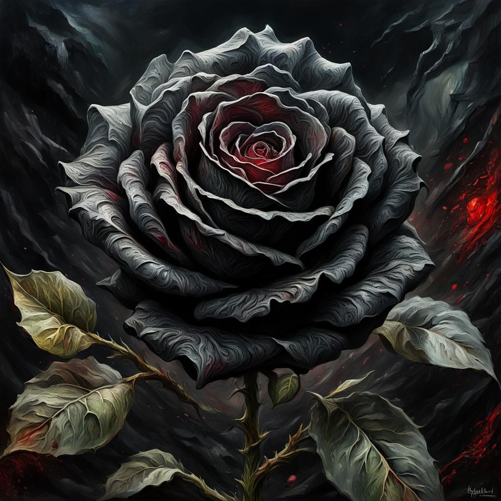 Gothic Black Rose on Grave as Impasto Painting
