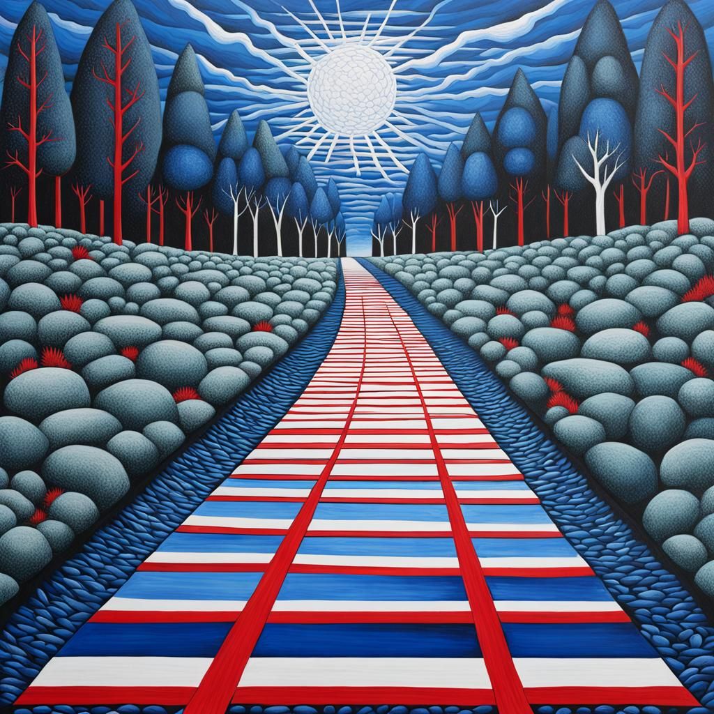 Dangerous Pathways: A Naïve-Art Surreal Painting