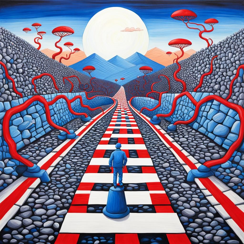 Dangerous Pathways: Surreal Naive-Art Painting