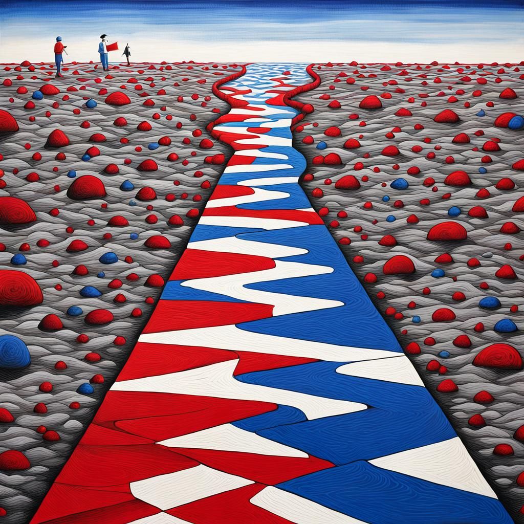 Surreal Naive Art Pathways in Red, White, and Blue