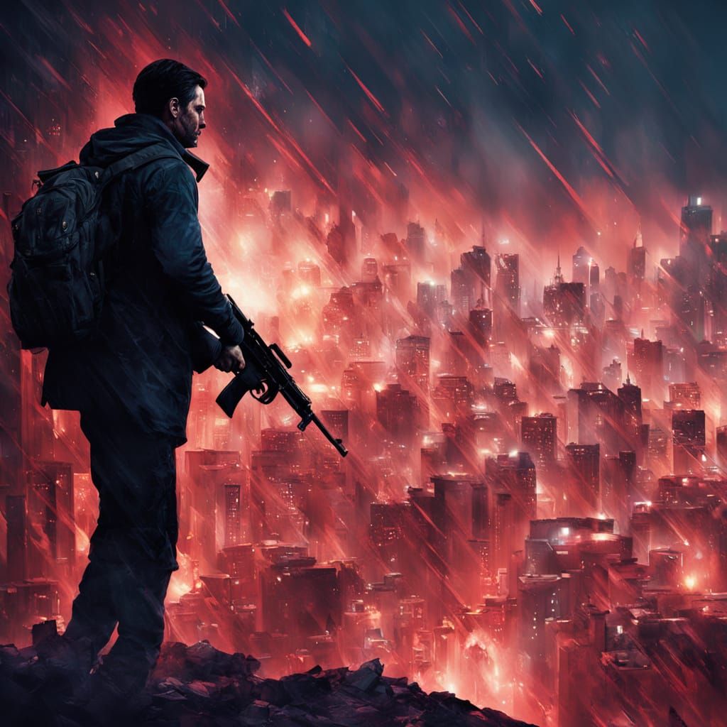 Gritty Assassin Overlooks Neon Cityscape at Night in Cinemat...