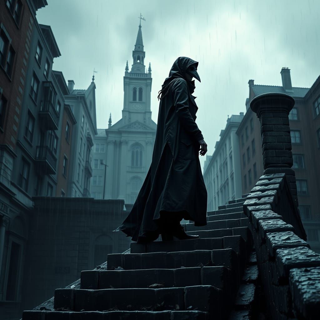 Ethereal Plague Doctor Emerges into Modern Ruin