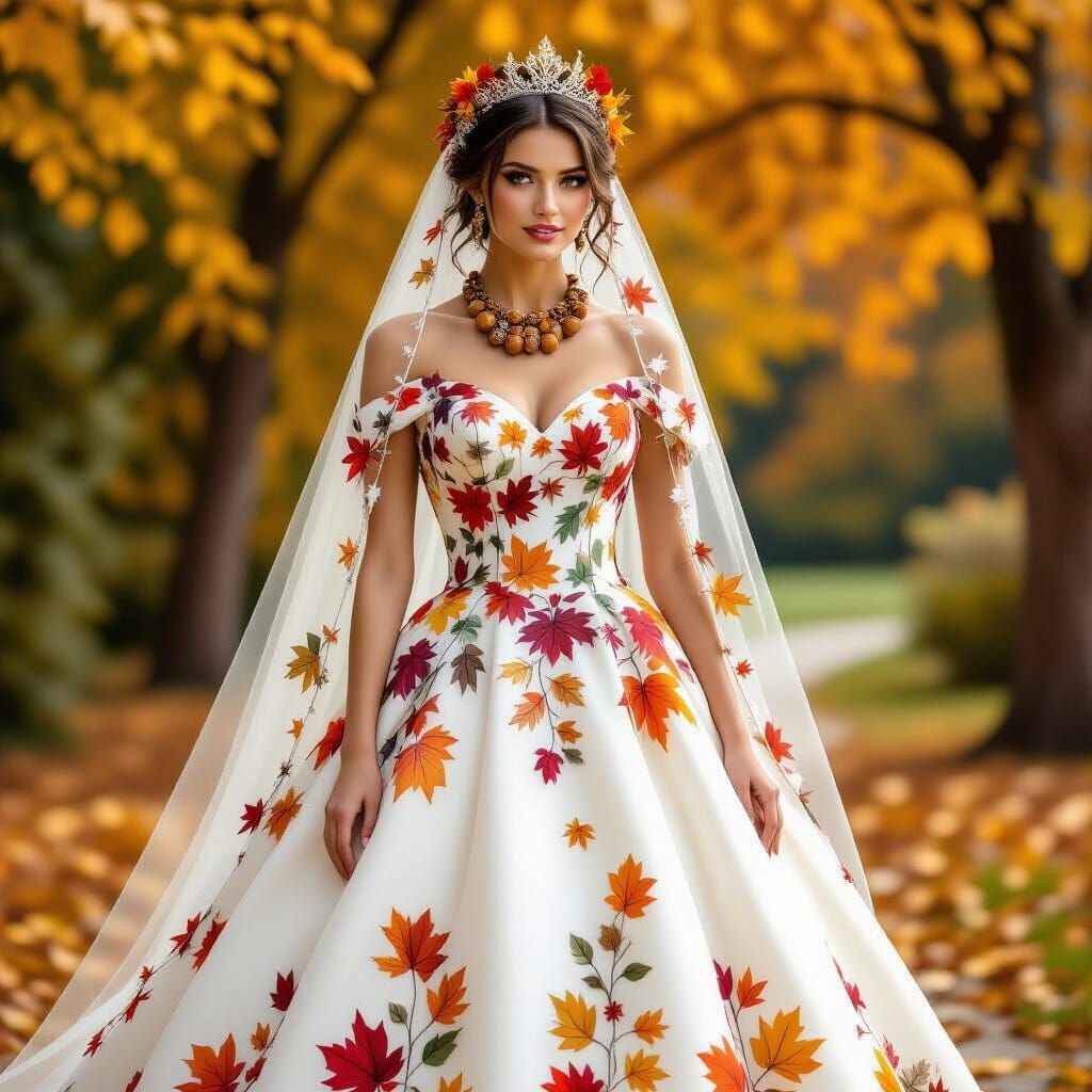 Magical Autumn Wedding Dress Adorned With Leaves and Acorns