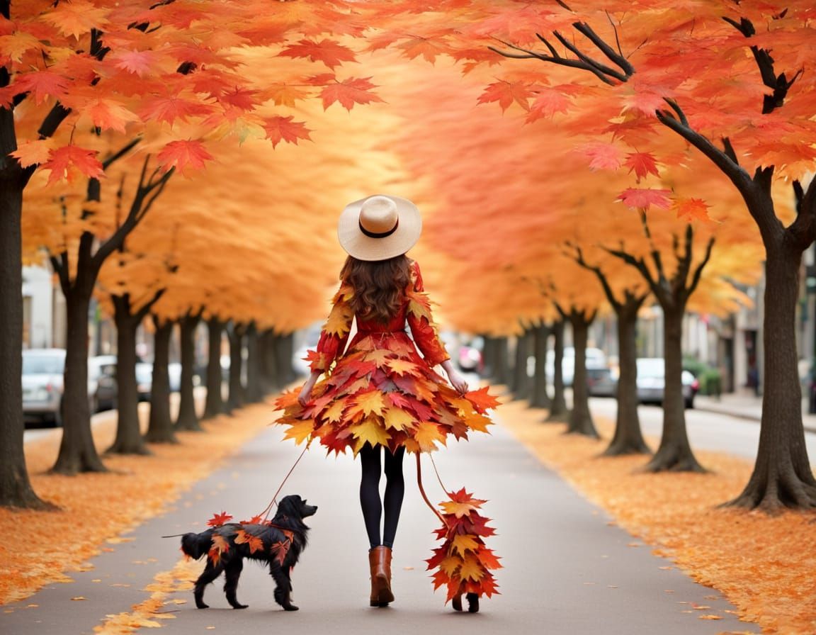 Whimsical Maple Leaf Woman and Dog
