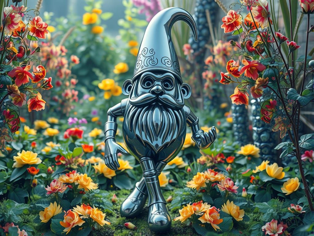 Surreal Chrome Garden Gnome in Whimsical, Overgrown Landscap...
