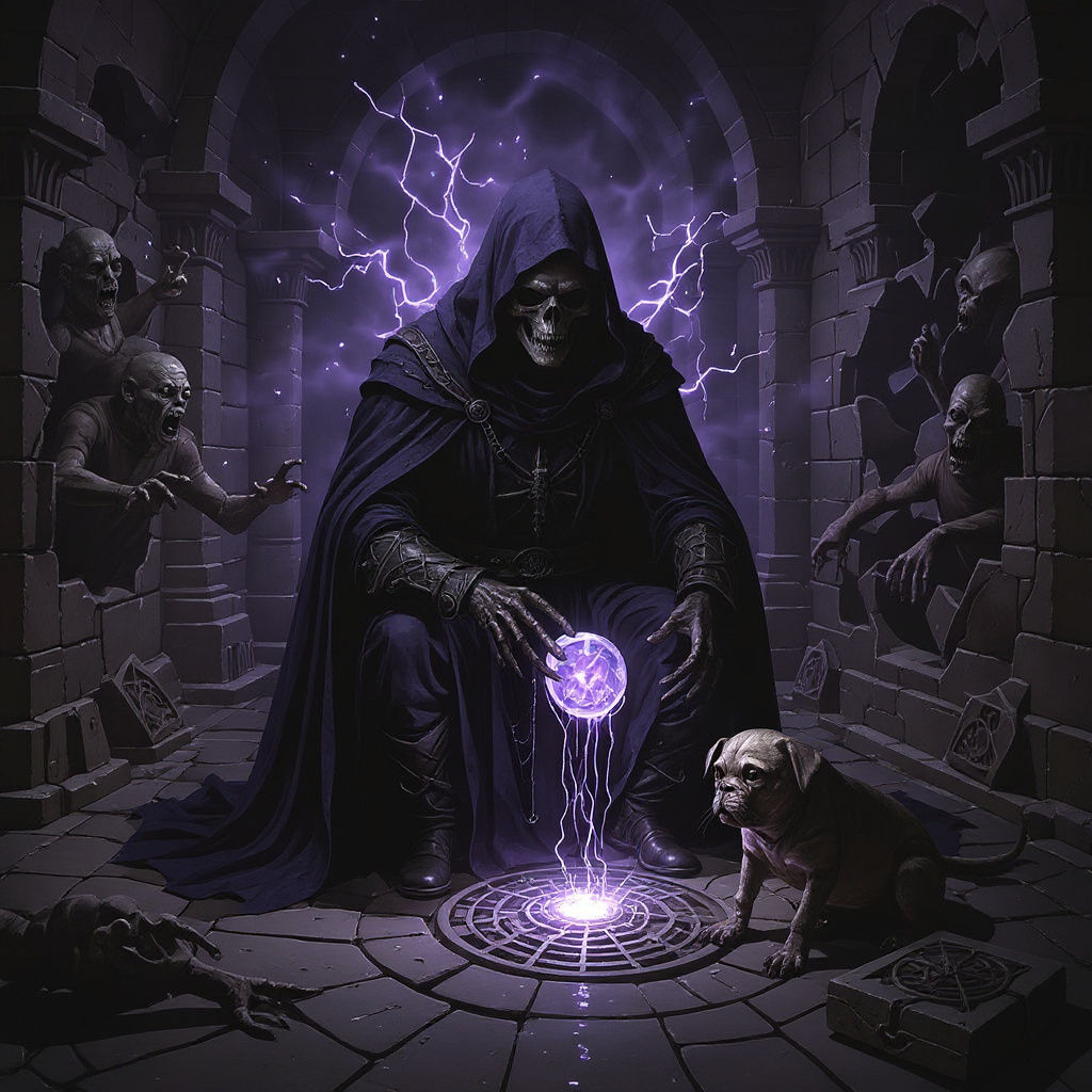 Shadowy Figure With Arcane Artifact in Crypt