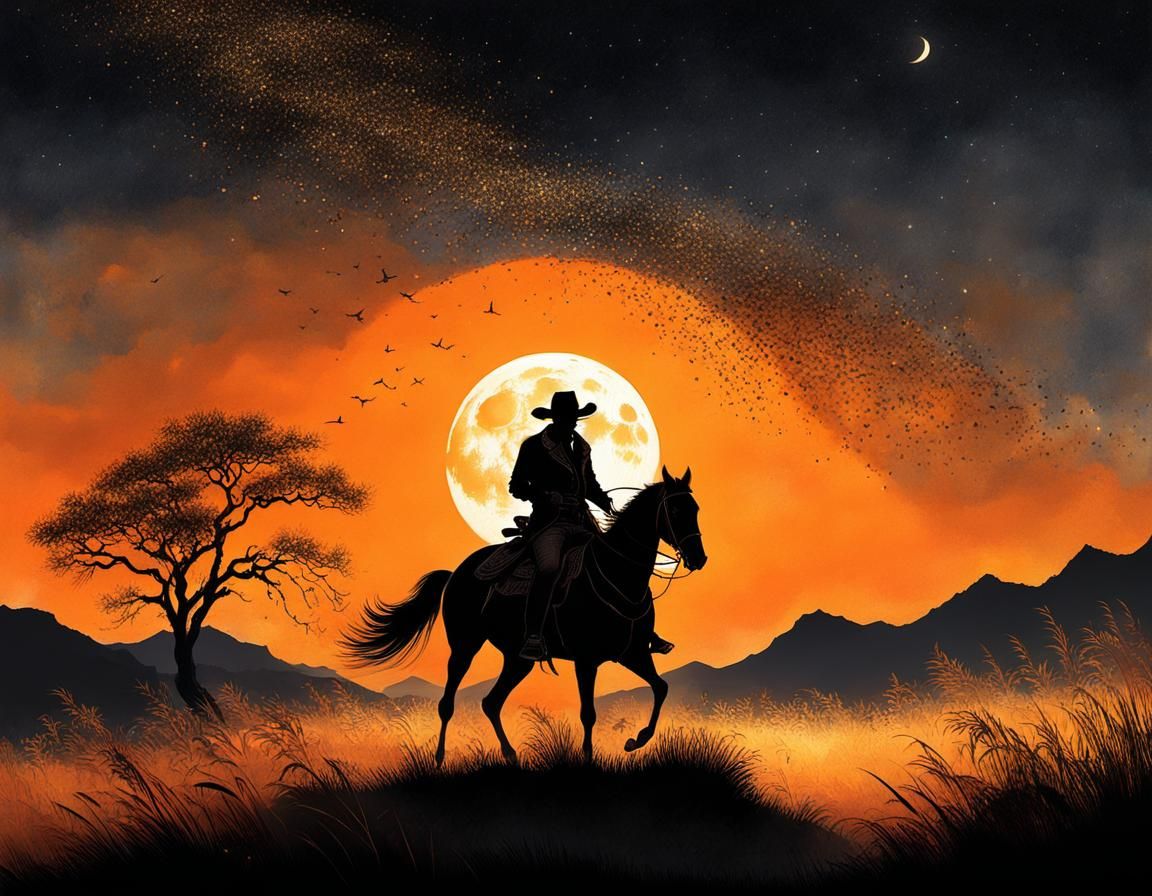 Cowboy Silhouette at Orange Sunrise: Digital Art