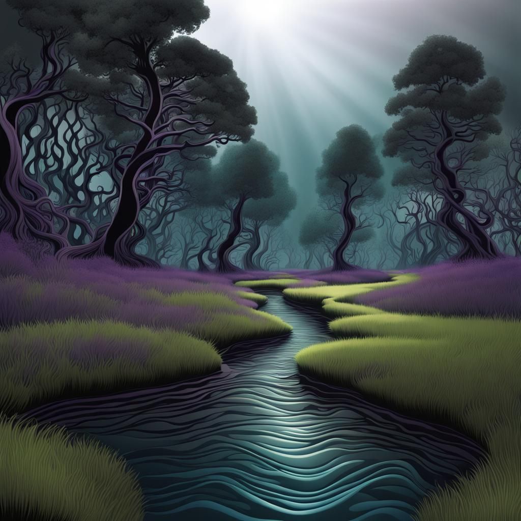 Brook Separates Grassland From Dark Forest