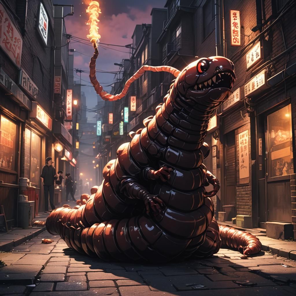 Giant Worm Enjoys Smoking Beer in Anime Style