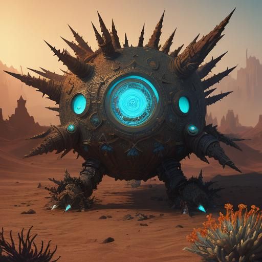 Thorn-Covered Robot Navigates Desert, Fantasy Illustration