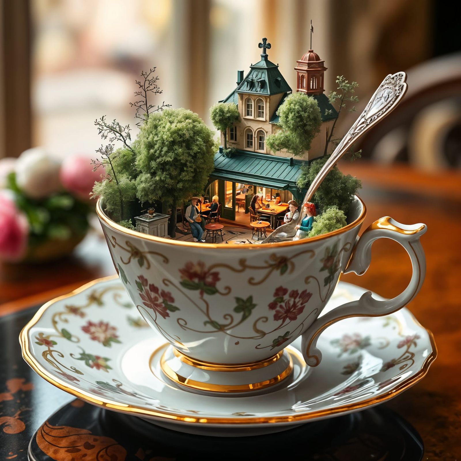 Surreal Café Scene Inside a Teacup