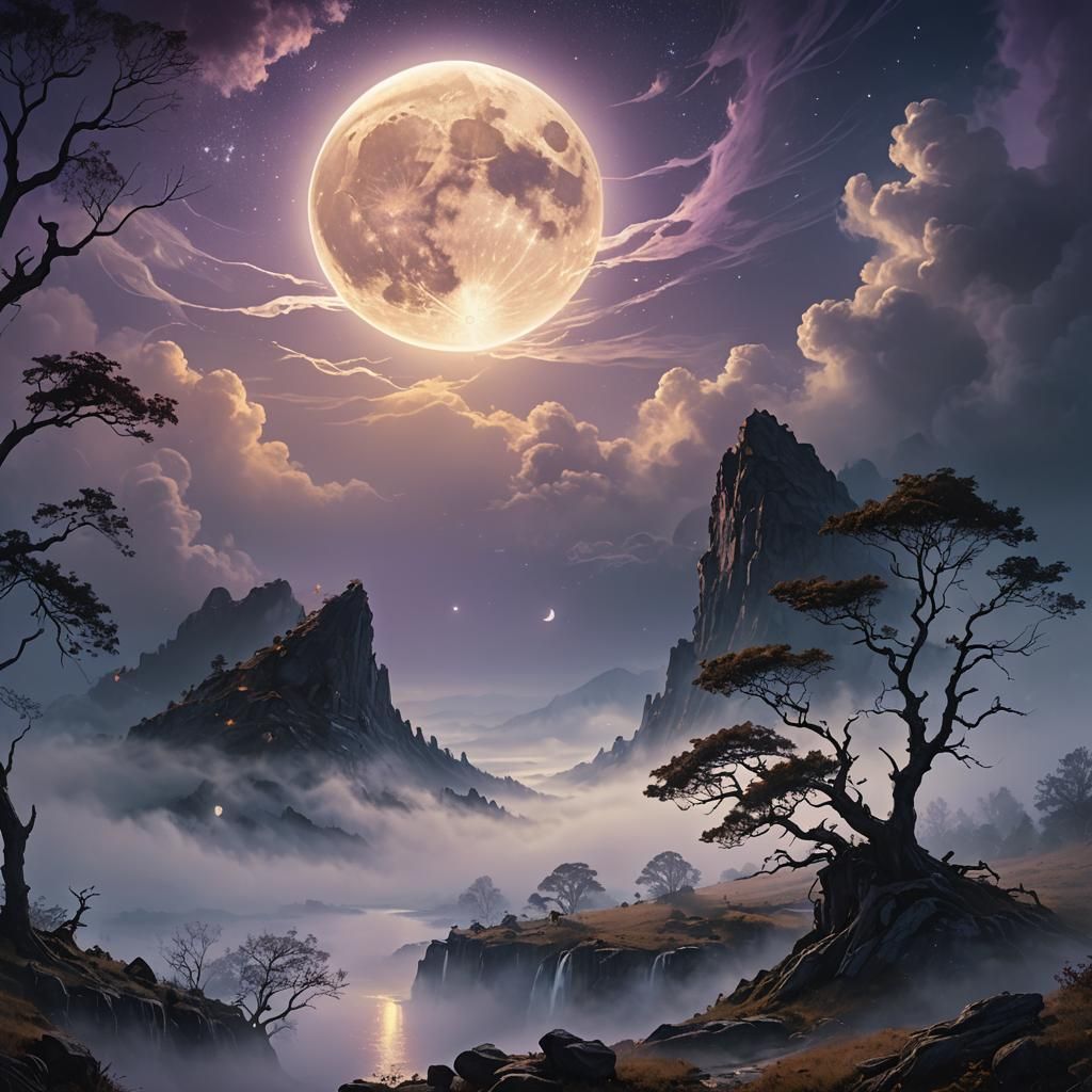 Iridescent Moon in Misty, Golden Light