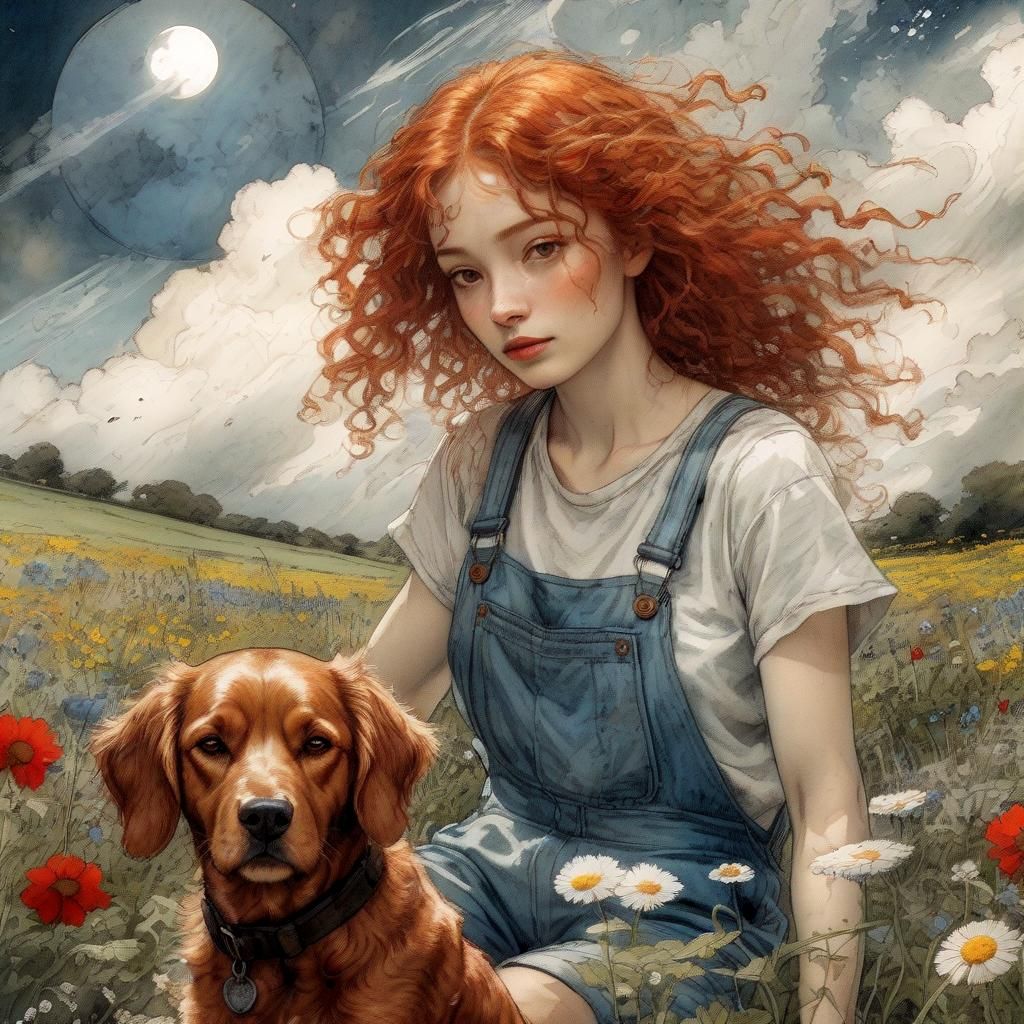 Girl and Dog in Sunny Garden, Digital Painting