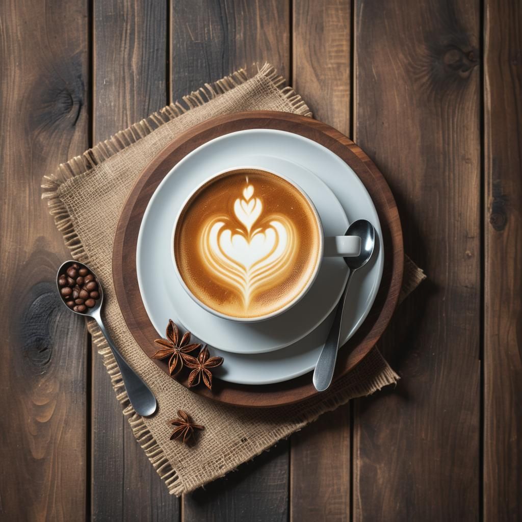 Latte with UFO Latte Art on Wooden Table