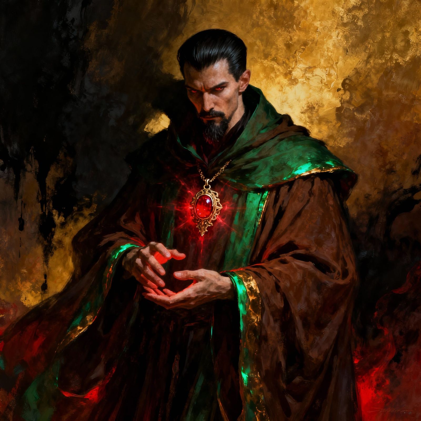 Mysterious Sorcerer in Shadowy Chamber Digital Painting
