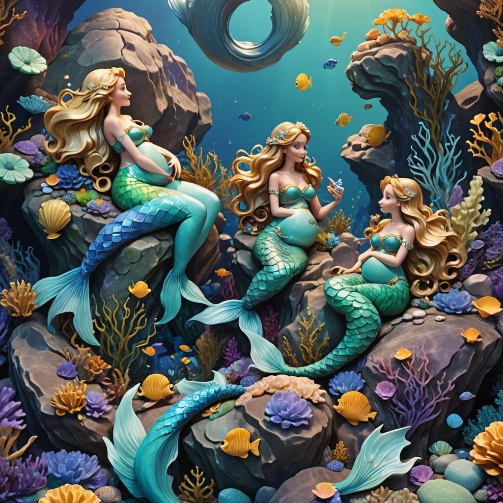 Pregnant Mermaids Lounging in a Colorful Underwater Utopia