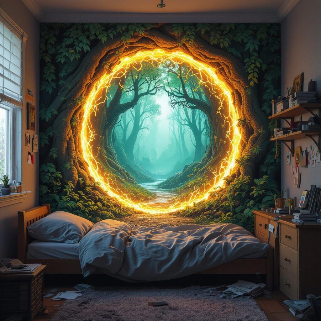 Mythical Forest Portal in a Messy Bedroom