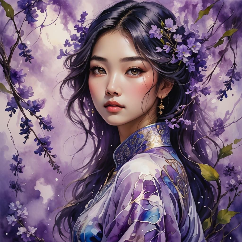 Beautiful Asian Woman in Oil and Alcohol Ink