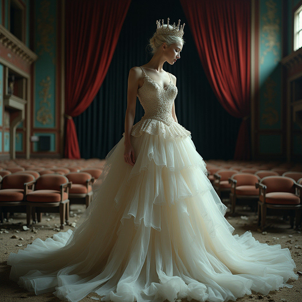 Porcelain Ballerina in Decayed Theater, Cinematic Lighting