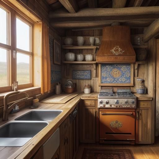 Cozy Russian Peasant House with Cat, Hyperrealistic Art