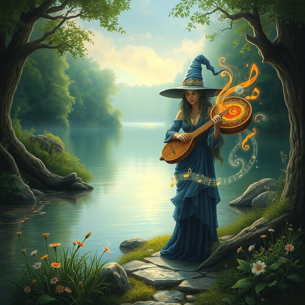 Mystical Witch by River with Ethereal Instrument