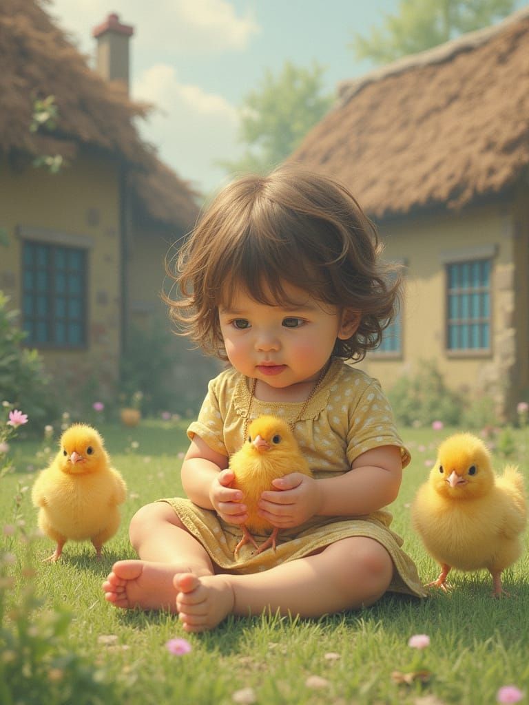 Surreal Village Scene with Bimbo Girl and Chickens in Pastel...