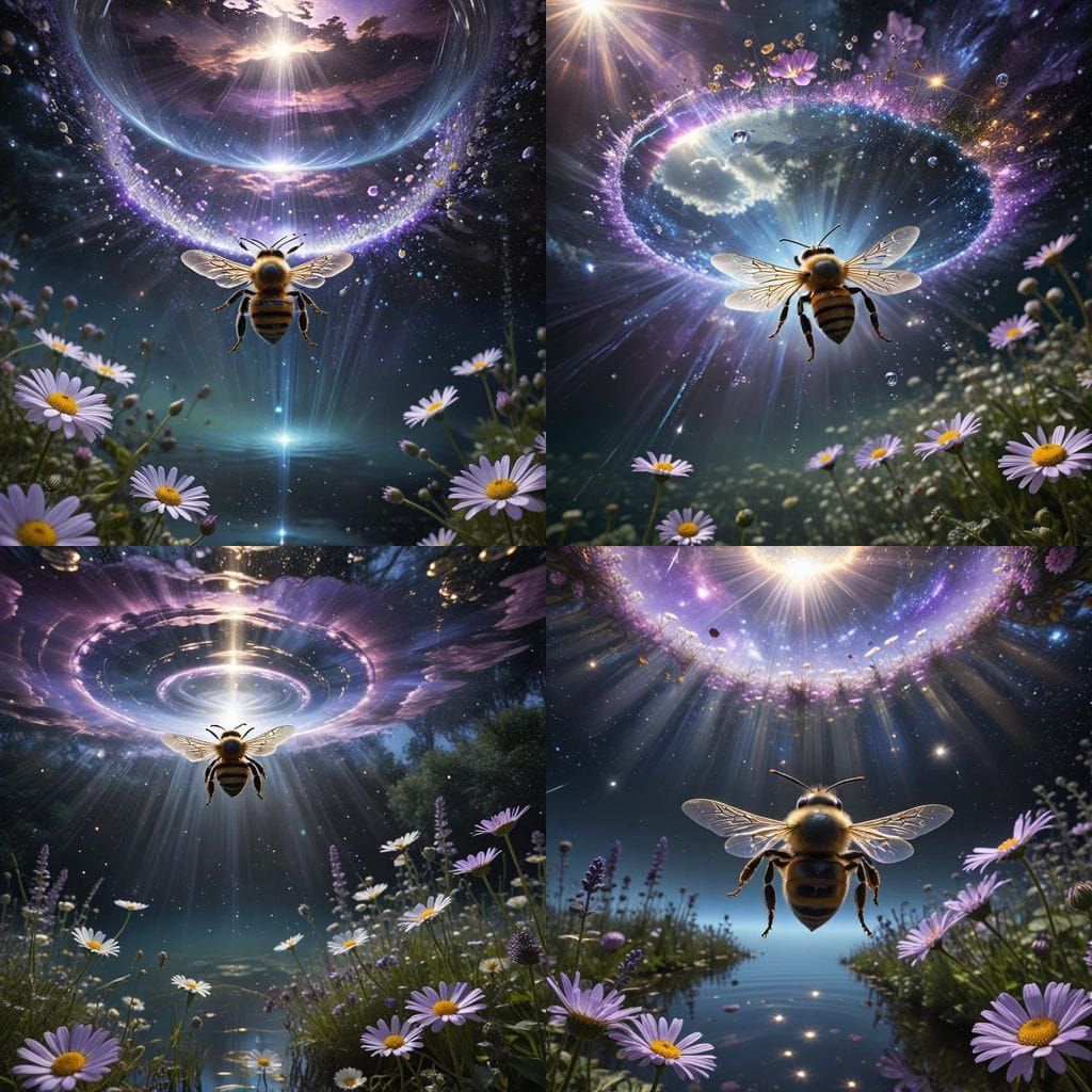 Golden Light Illuminates a Majestic Bee amidst Vibrant Flora...