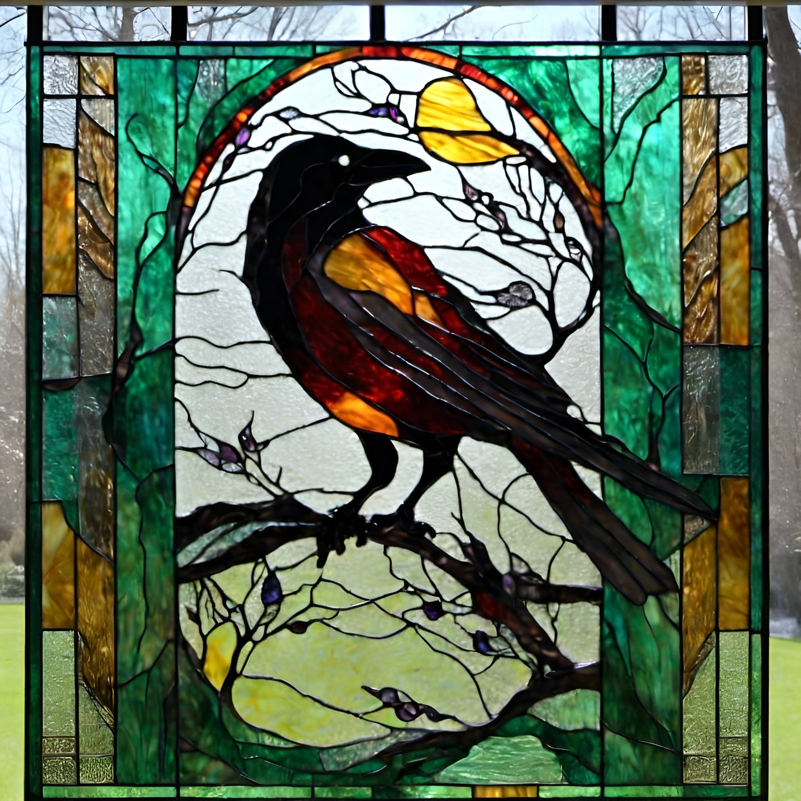 Stained Glass Crow in Meadow Window Art