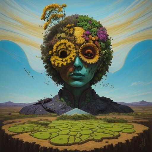 Surreal Split Portrait: Garden and Wasteland