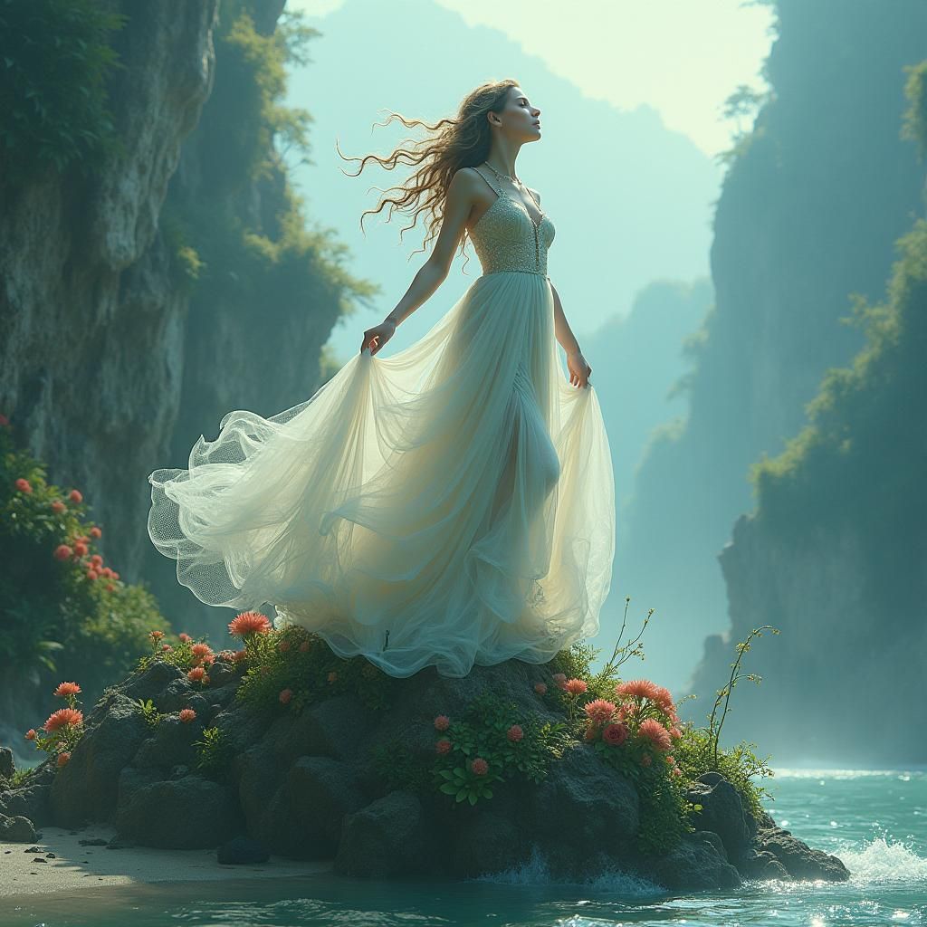 Sirens' Song: Enchanting Island Scene in Ethereal Style