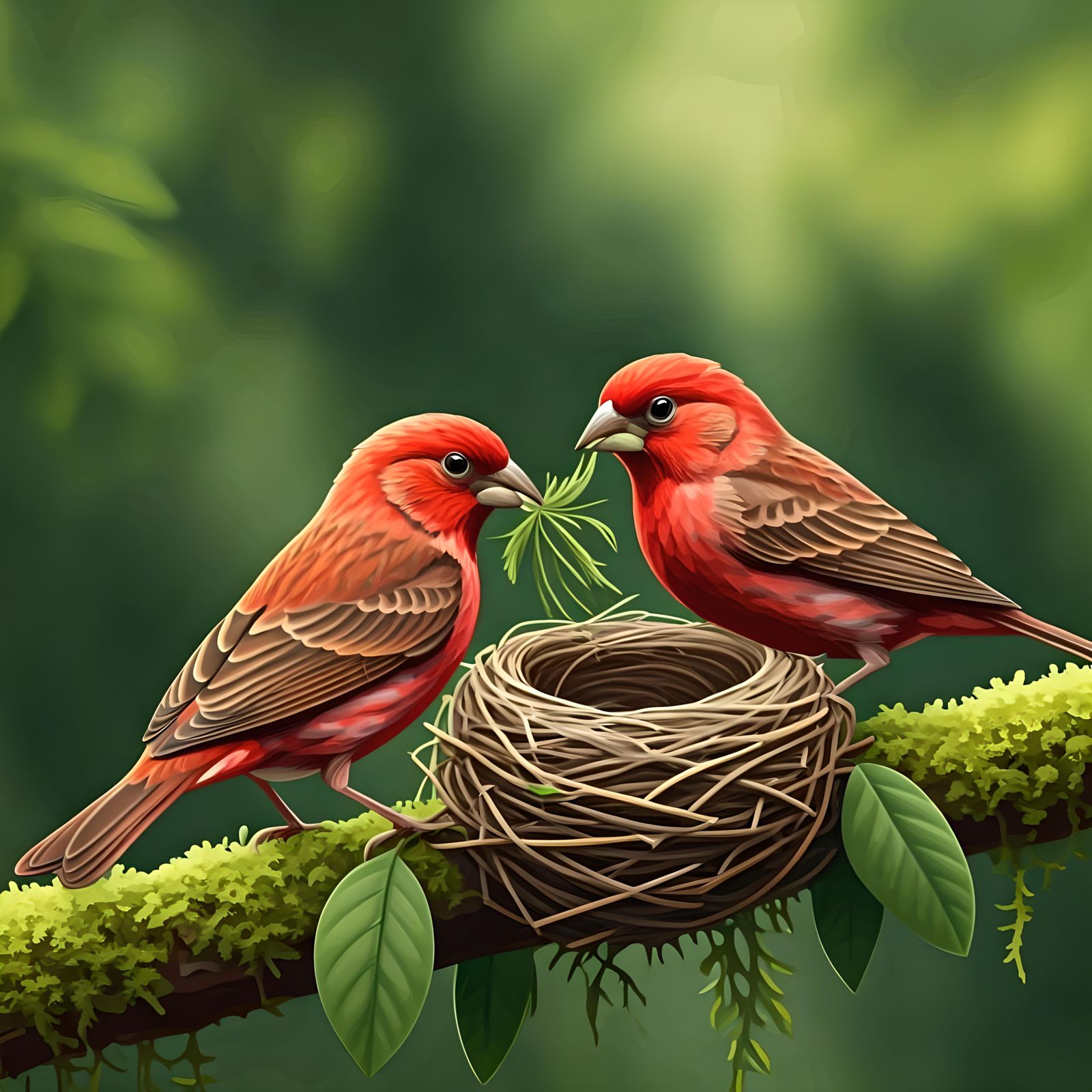 Strawberry Finch Couple Building Nest, Modernist Wildlife Ar...