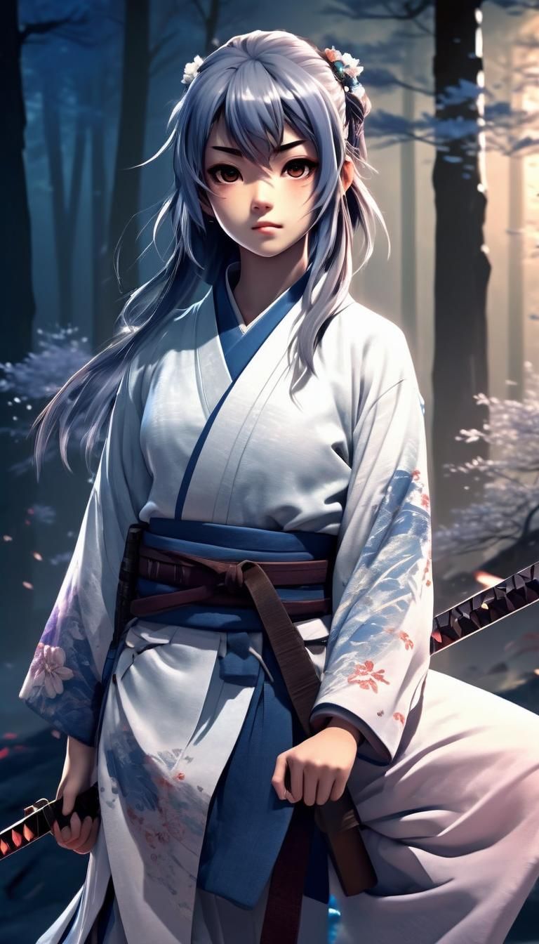 Anime Warrior in Moonlit Forest: 3D Digital Art