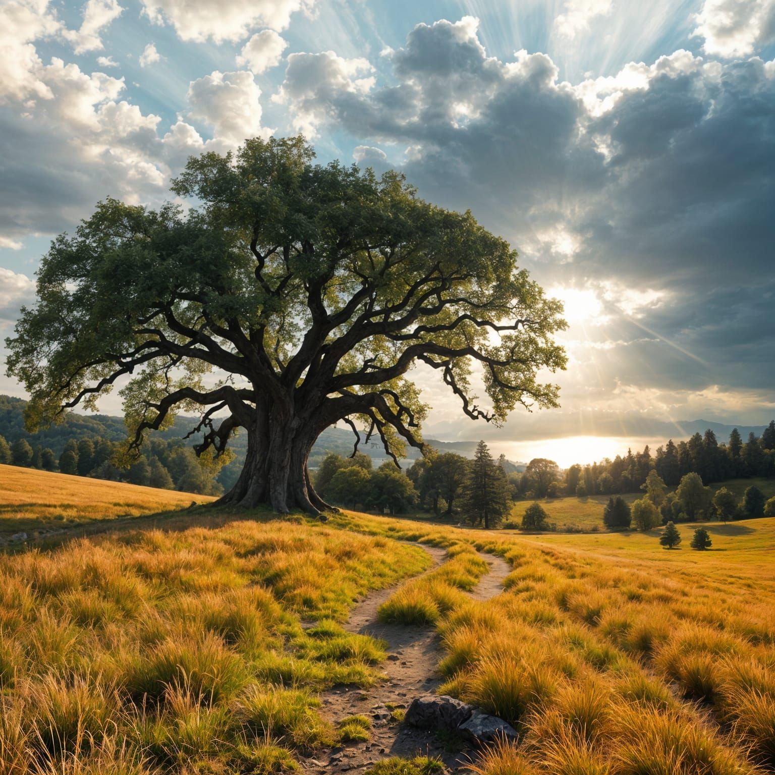 Surreal Landscape with Majestic Tree and Golden Pathway