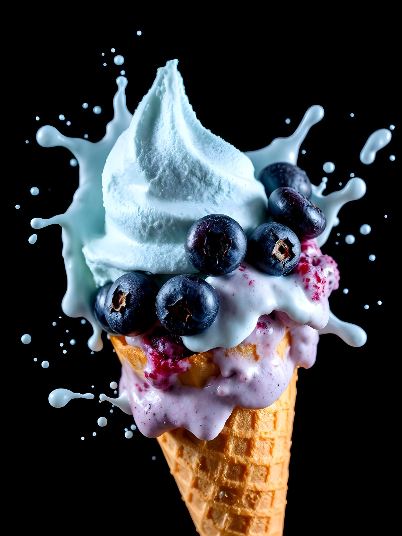 Blueberry Ice Cream Cone Splash Art Photography