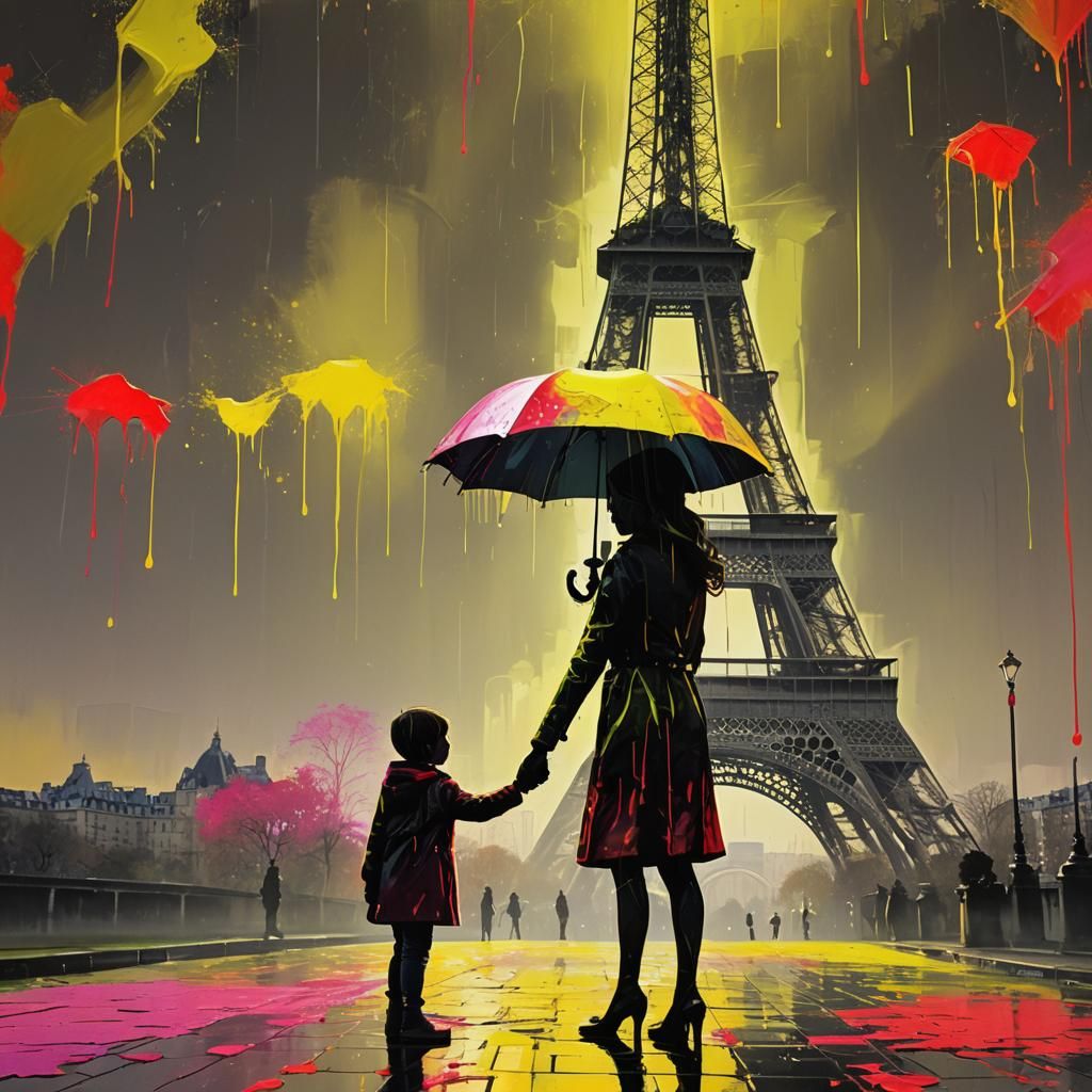 Parisian Silhouette in Fluorescent Rain, 3D Render