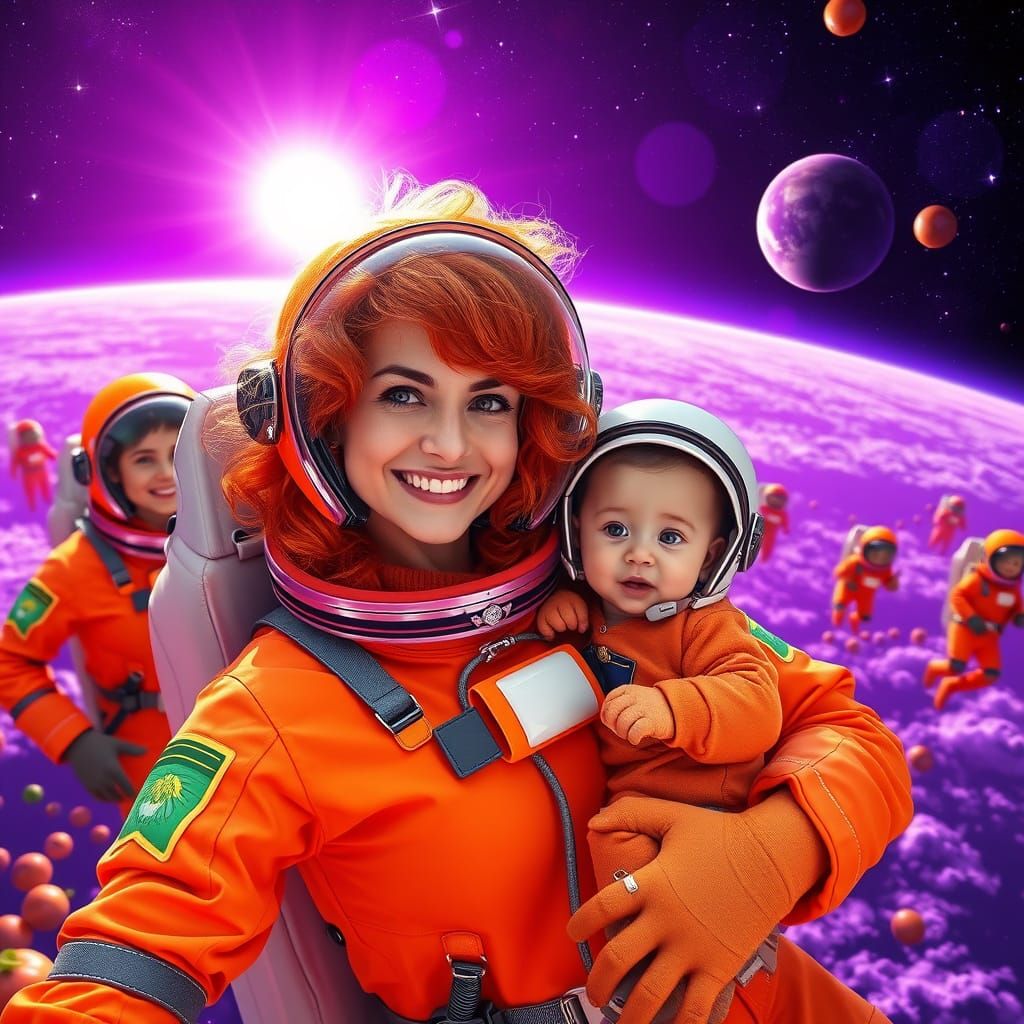 Cosmic Astronauts in Vibrant Purple Space Scene