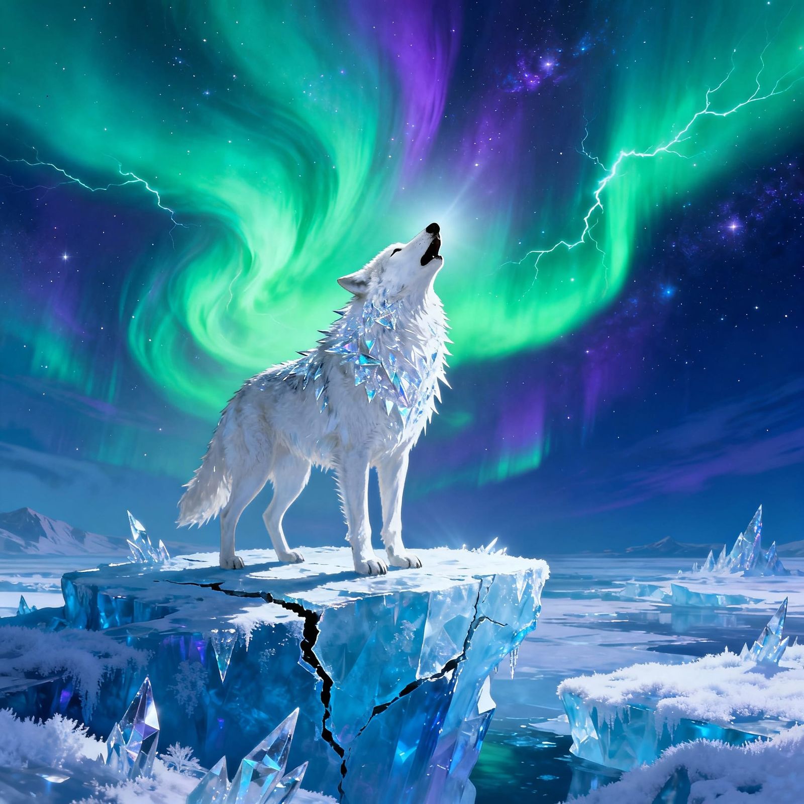 White Wolf Howls Under Northern Lights at North Pole