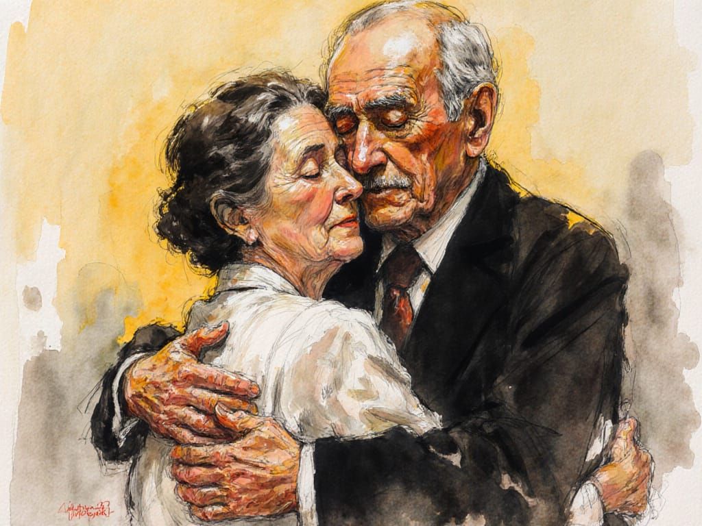 Elderly Couple Embracing at Golden Hour