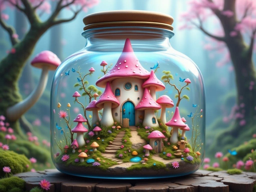 Mushroom World With Castle Trapped In A Jar