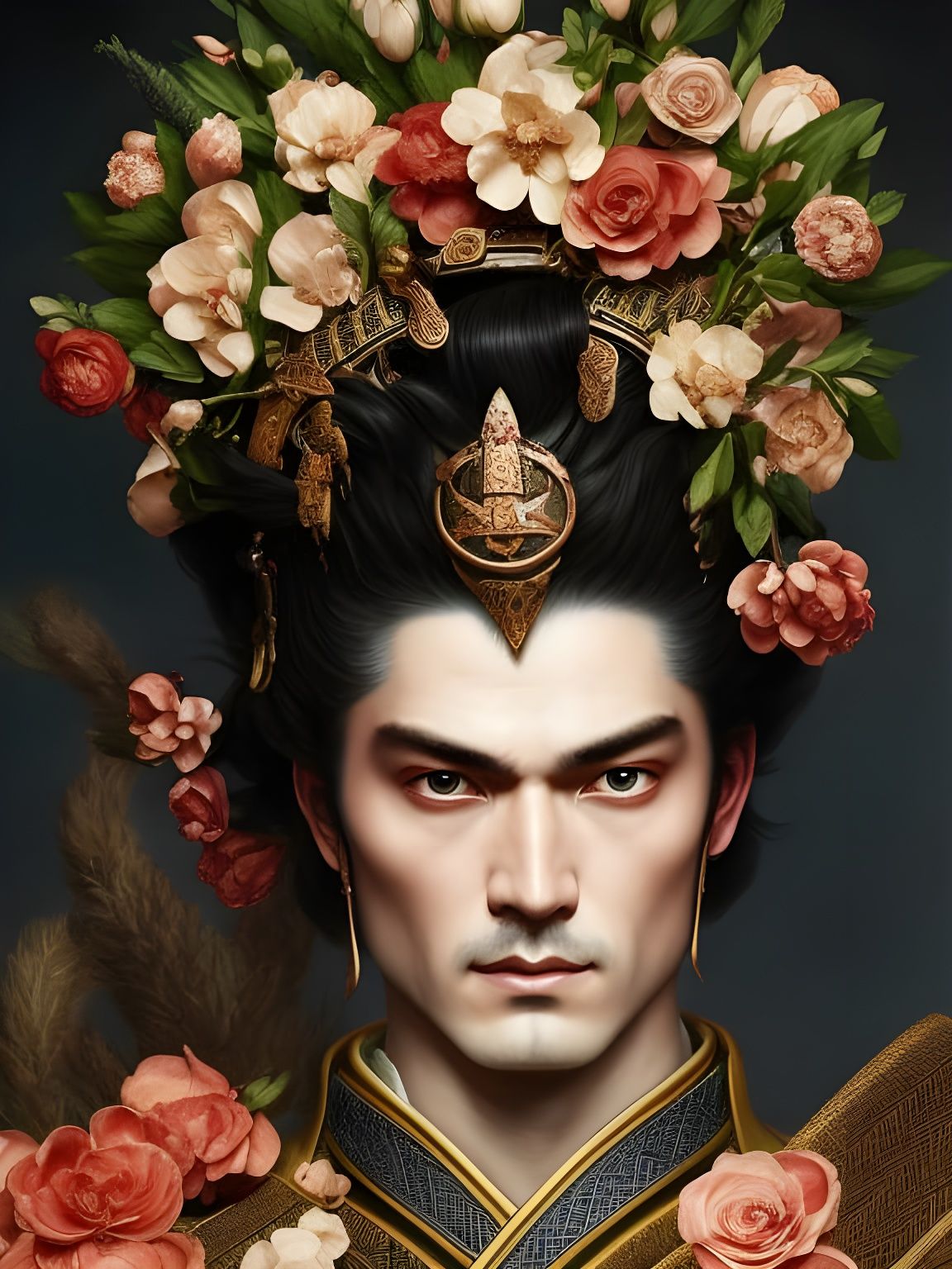 Sad Norse Samurai God in Flower Regalia