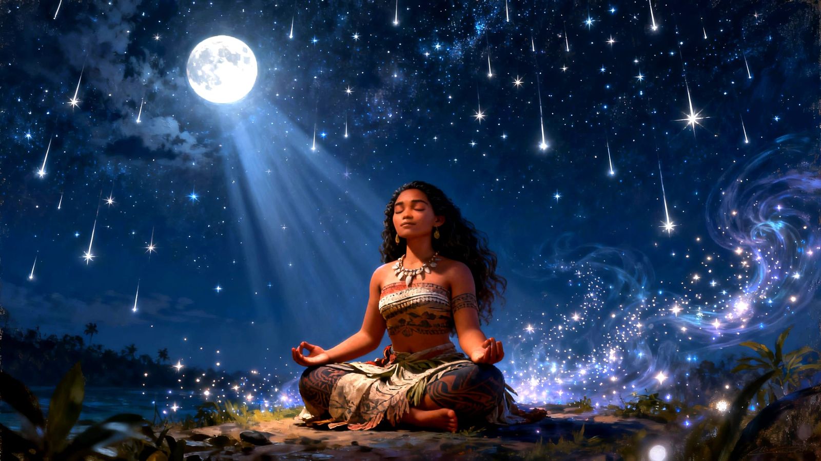 Lina Poe Meditating Under a Starry Night Sky