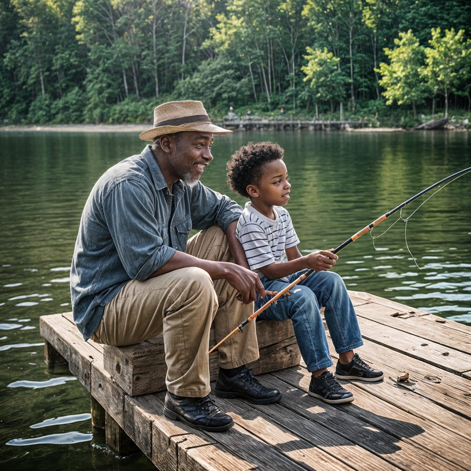 Boy Fishing with Grandfather on Dock