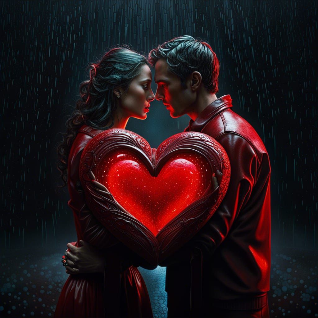 Hyperrealistic Heart with Couple in Rainy Horror Scene