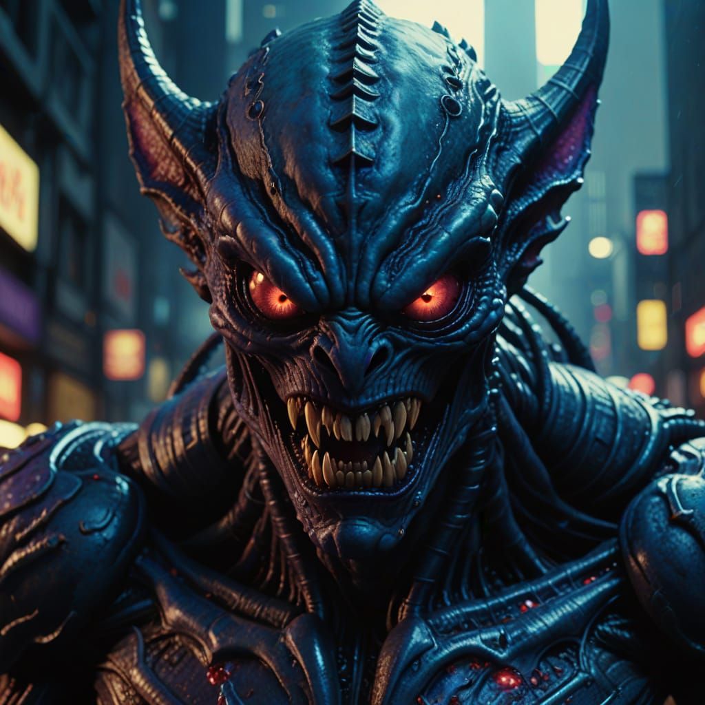 Hyperrealistic Demonic Alien Supervillain in Cinematic Light...