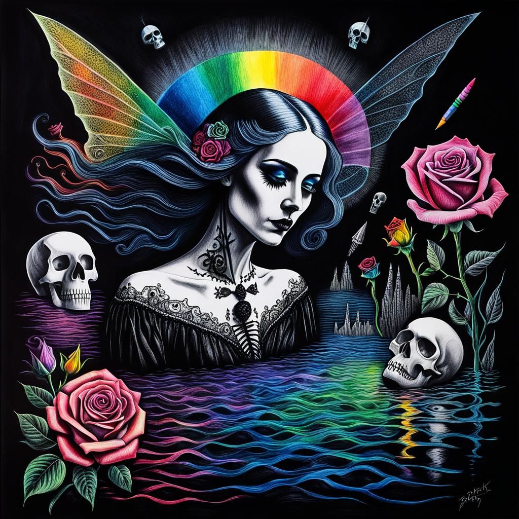 Gothic Woman in Pain: Surreal Crayon Drawing