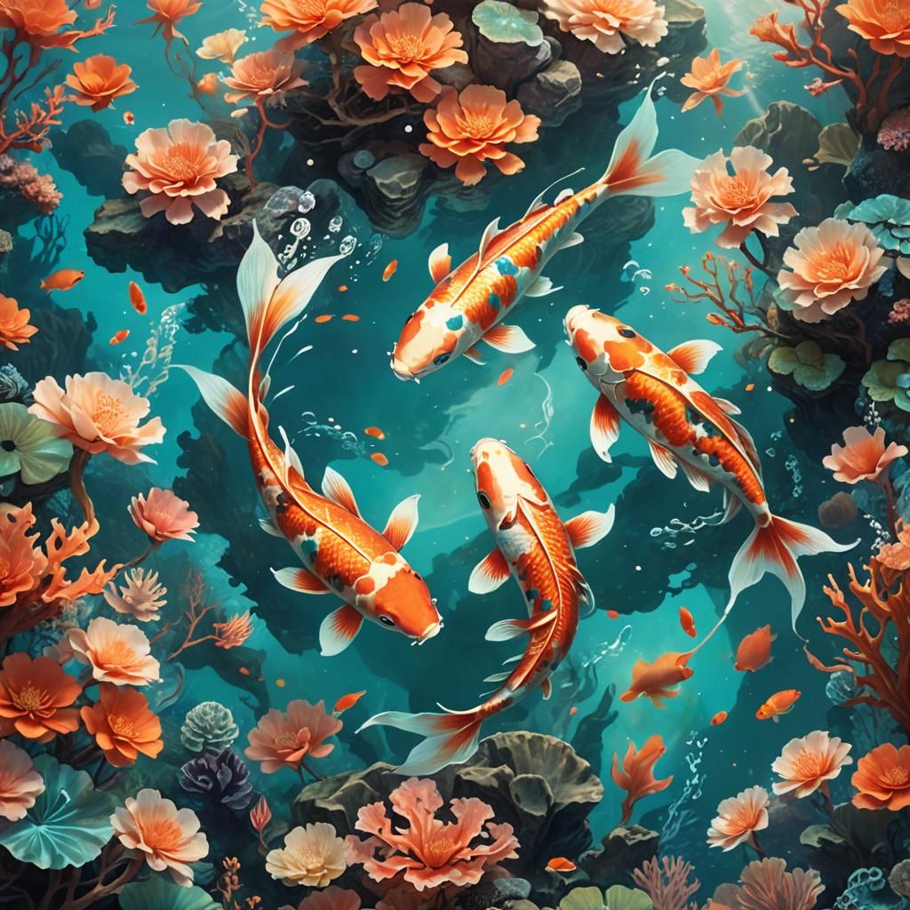 Koi Fish in Underwater Fantasy Landscape