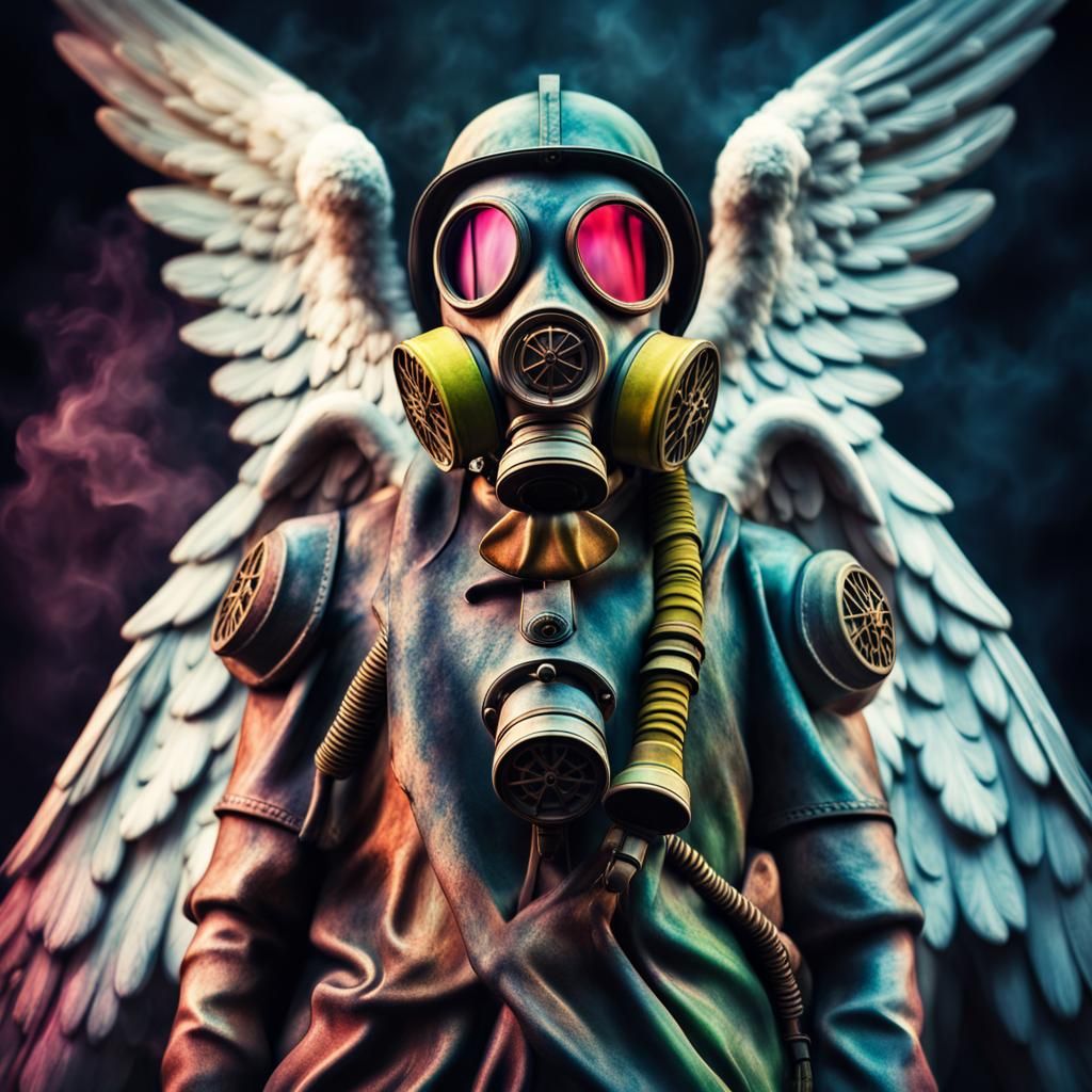 Colorful Angel in Gas Mask, Hyperrealistic HDR Image